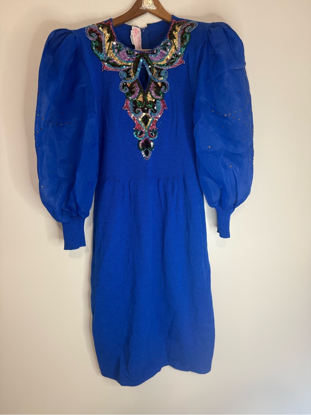 Pehels Vintage Royal Blue Embellished Puff-Sleeve Dress size 12
